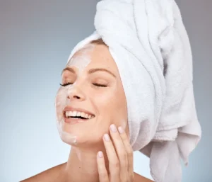 skincare cream and woman from the shower happy c 2023 11 27 05 36 22 utc